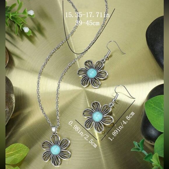 Faux Turquoise Floral Earrings & Necklace Set in vintage bohemian style - Picture 2 of 13
